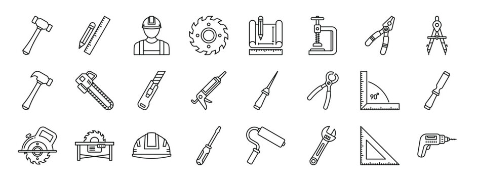 set of 24 outline web carpentry icons such as hammer, ruler, builder, saw blade, blueprint, clamps, pliers vector icons for report, presentation, diagram, web design, mobile app