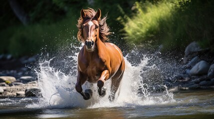 Fototapeta na wymiar Horse running through water with splashes