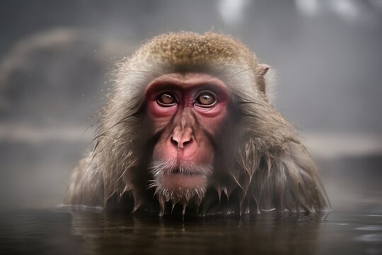 Japanese macaque at Jigokudani Monkey Park, Nagano, Japan. Generative AI
