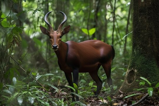 A saola Pseudoryx nghetinhensis in a green and fair. Generative AI