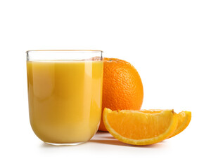Glass of fresh orange juice and ripe fruits isolated on white background
