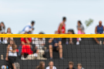 Beach volleyball and beach tennis net on the background of arena. Horizontal sport theme poster, greeting cards, headers, website and app