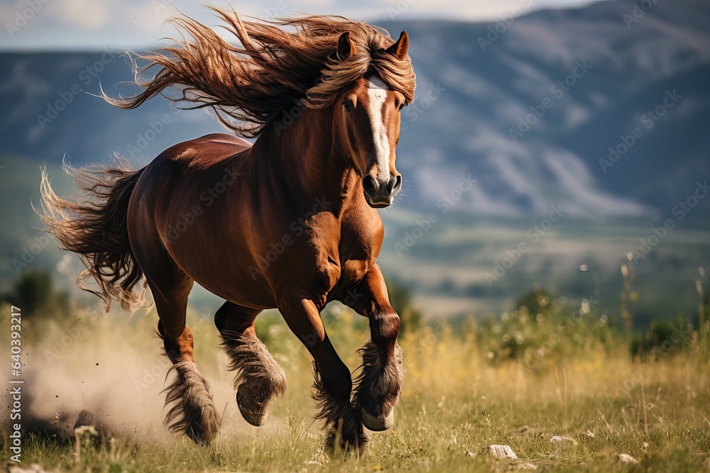 Poster Brown horse with developing mane running in nature