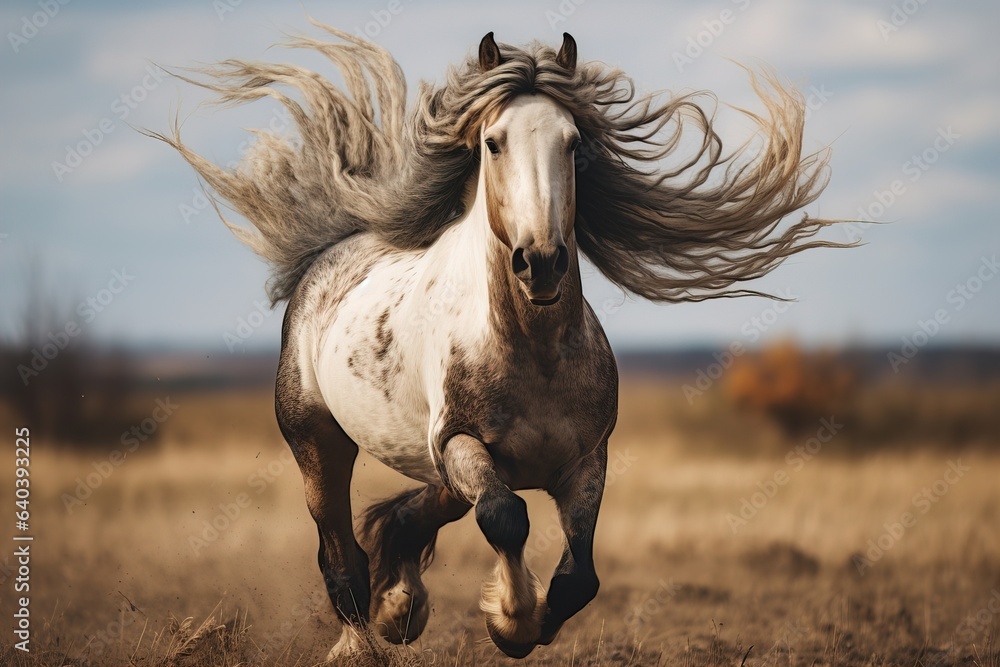 Poster brown horse with developing mane running in nature