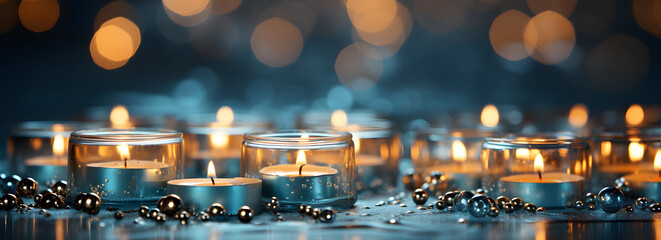 Bokeh blurry background featuring snow and candlelights, styled in tones of light teal and gold