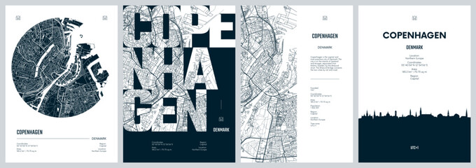 Set of travel posters with Copenhagen, detailed urban street plan city map, Silhouette city skyline, vector artwork