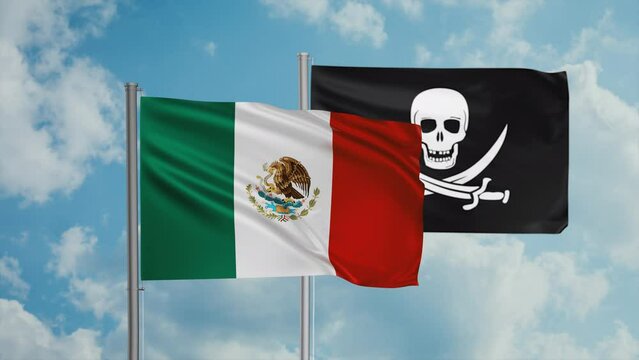 Mexico flag and corsair flag waving together in the wind on blue sky, cycle looped video