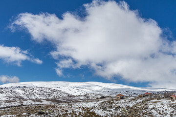 Tourism in Serra da Estrela. Snowy landscape in Portugal European winter scenery