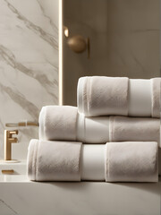 Stack of white towels  in the bathroom, white and gold palette