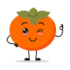 Cute happy persimmon character. Funny smiling and wink fruit cartoon emoticon in flat style. persimmon vector illustration