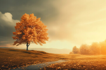 Autumn landscape with a lonely tree in the field