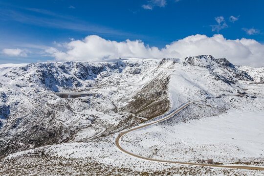 Tourism in Serra da Estrela. Snowy landscape in Portugal European winter scenery