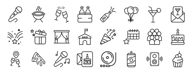 set of 24 outline web events icons such as microphone, grill, wine, beer, champagne, balloons, cocktail vector icons for report, presentation, diagram, web design, mobile app
