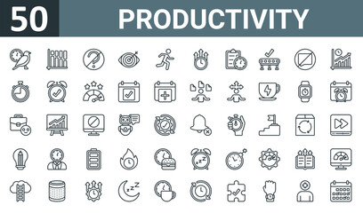Fototapeta na wymiar set of 50 outline web productivity icons such as early bird, burndown, questions, visualization, running, efficiency, time management vector thin icons for report, presentation, diagram, web design,