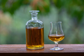 Single malt scotch whisky in selective focus and minimalistic photo. Space for text