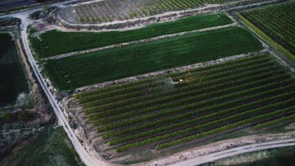 Aerial view of a tractor methodically spraying the vast fields below, a dance of agriculture ensuring crop health against pests and diseases.