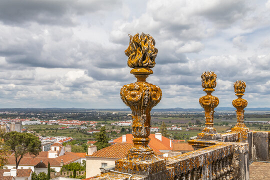 Ornaments on the roof of the Cathedral of Évora overlooking the city. Portugal.