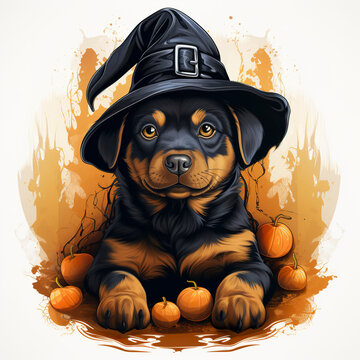 Lush detailed vector illustration of Halloween celebration of cute rottweiler dressed as a witch in t-shirt design. Halloween t-shirt designs that capture the essence of the festive spirit.
