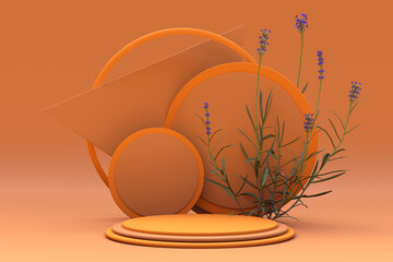 3D orange round podium with autumn composition of lavender plants. Pedestal for skincare product on pastel background. Banner for branding and packaging presentation
