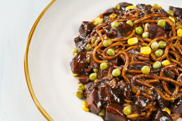 Jajangmyeon, a Korean specialty against a simple background