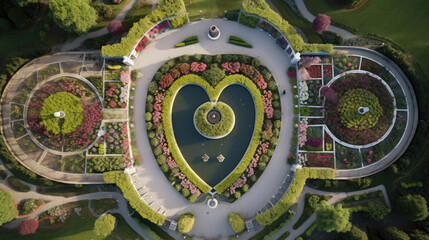 Fototapeta na wymiar Generative AI, top view of heart shaped english garden, flower beds, paved garden paths, valentine's day card, rose bushes, fountains, bloom