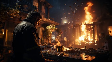 
A professional firefighter puts out the flames. A burning house and a man in uniform, view from the back. Concept: Fire engulfed the room, danger of arson