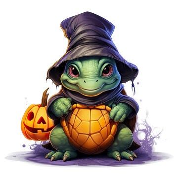 Lush detailed vector illustration of Halloween celebration of turtle dressed as a witch in t-shirt design. Halloween t-shirt designs that capture the essence of the festive spirit.