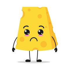 Cute sad cheese character. Funny unhappy food cartoon emoticon in flat style. dairy vector illustration