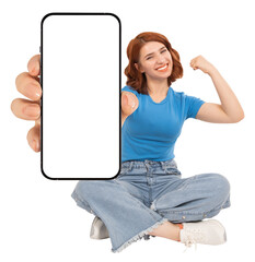 Showing mobile phone, full body young caucasian woman sit hold showing mobile phone empty white...