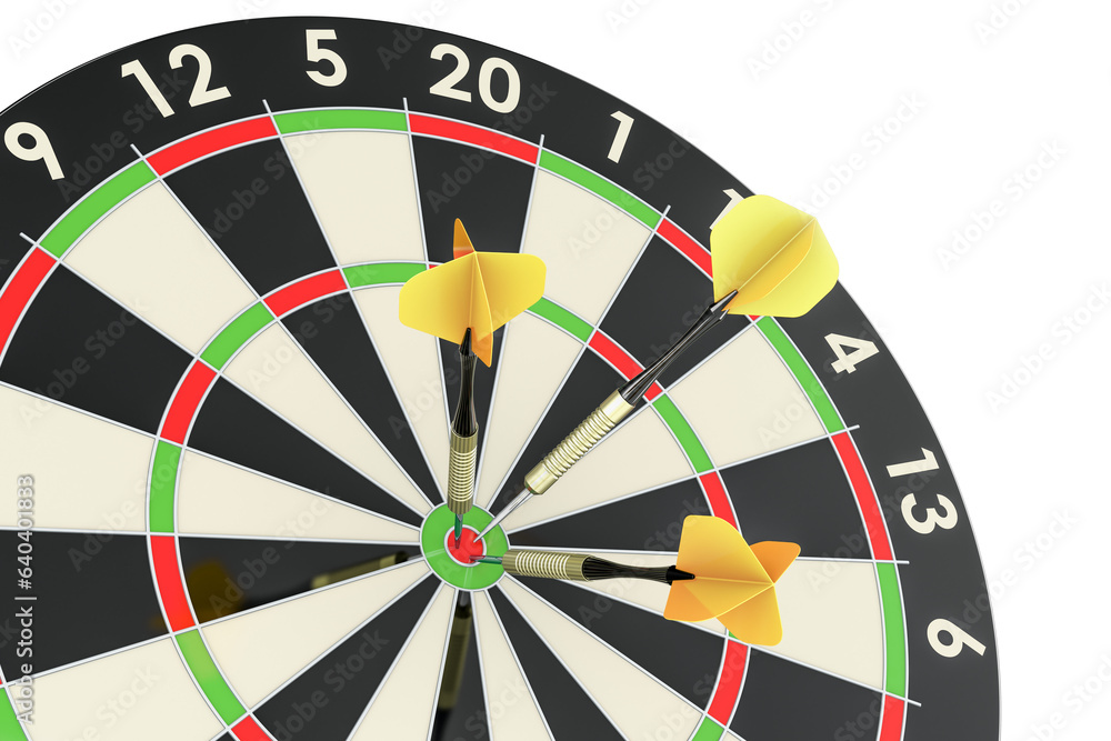 Poster dartboard with yellow darts in bullseye, 3d rendering isolated on transparent background