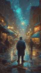 Impactful anime oil painting, full shot of a person in a beautiful and bright city