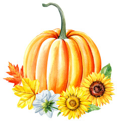 Watercolor sunflower, pumpkin and colorful leaves, autumn clipart. Watercolor floral illustration. Hand drawn pumpkins