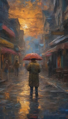 Impactful anime oil painting, full shot of a person in a beautiful and bright city
