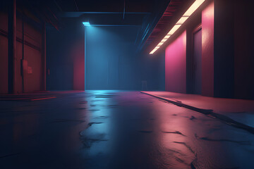 stage with spotlight, A dim, deserted street on a dark blue canvas, an abandoned, obscure setting brightened by neon light and spotlights
