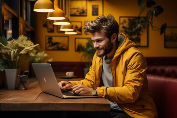 Homen na empresa com laptop sentado, fundo amarelo - obrazy, fototapety, plakaty