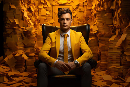 Homem de terno amarelo sentado numa poltrona com fundo de papel