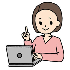 パソコン作業をするボブヘアの女性が指差し