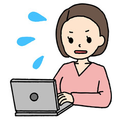 パソコン作業をするボブヘアの女性が焦っている