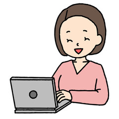 パソコン作業をするボブヘアの笑顔の女性