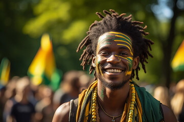 Homem negro brasileiro, com rosto pintado nas cores do brasil