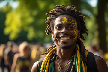 Homen negro Brasileiro com rosto pintado nas cores da bandeira do Brasil - obrazy, fototapety, plakaty