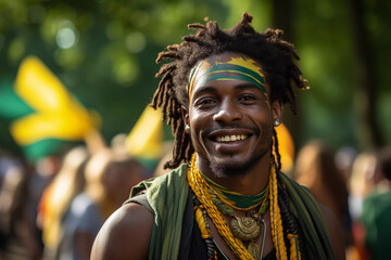 Homen negro Brasileiro com rosto pintado nas cores da bandeira - obrazy, fototapety, plakaty