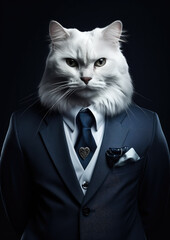 Generative AI, important serious business cat businessman in a jacket, cat head collage, fluffy cute pet, office suit, company head, postcard with funny animal