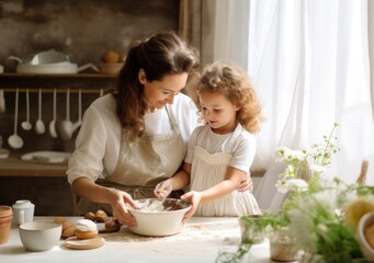 Obraz na płótnie Canvas Mom and girl cooking together