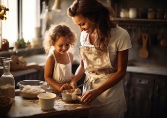 Mom and girl cooking together