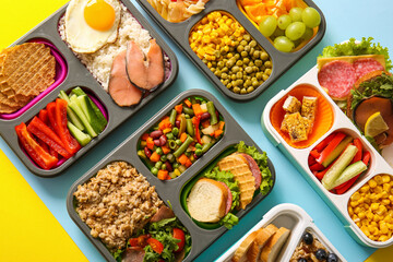 Many lunchboxes with different delicious food on color background