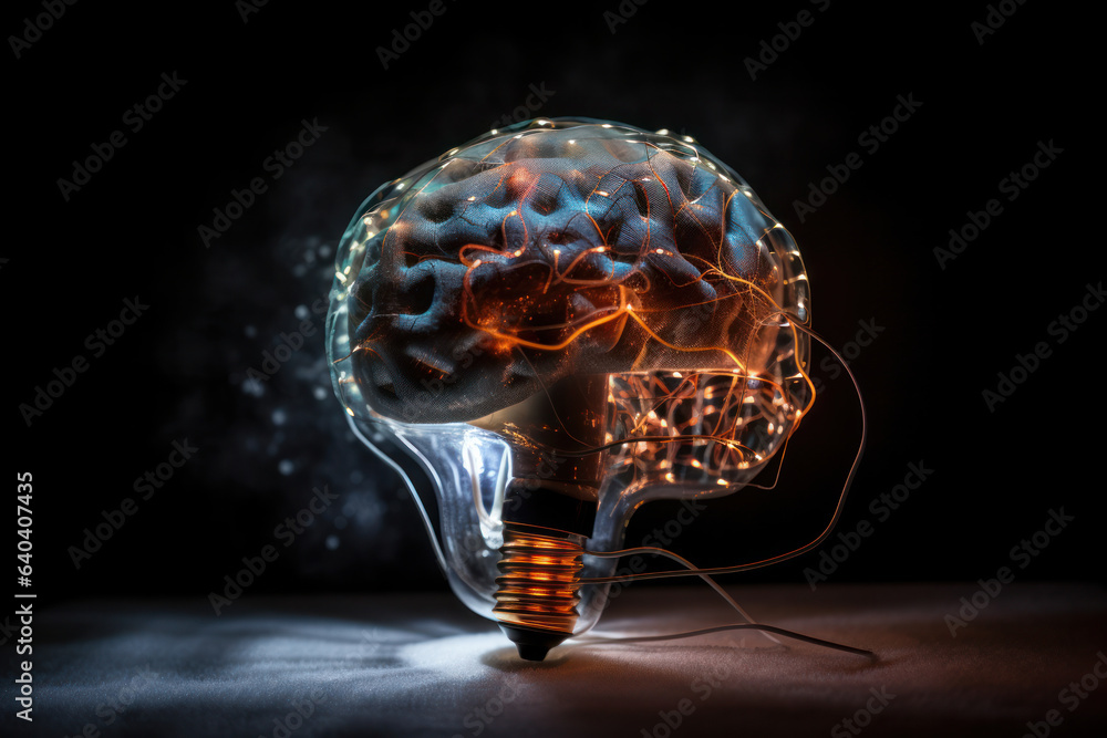 Poster light bulb with a brain shaped filament and music notes emerging from it, symbolizing creativity and