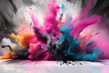 A 3D spectacle featuring multicolored neon smoke and ink