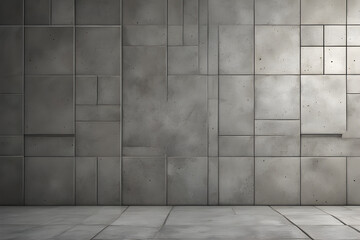 A wall backdrop with polished concrete and tiles, exhibiting a futuristic ambiance through a tile wallpaper adorned with square patterns, concrete wall and concrete floor