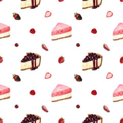 Watercolor seamless pattern desserts, piece of cheesecake with fresh strawberries. Hand-drawn illustration isolated on white background. Perfect food menu, food drawing, design packing, print